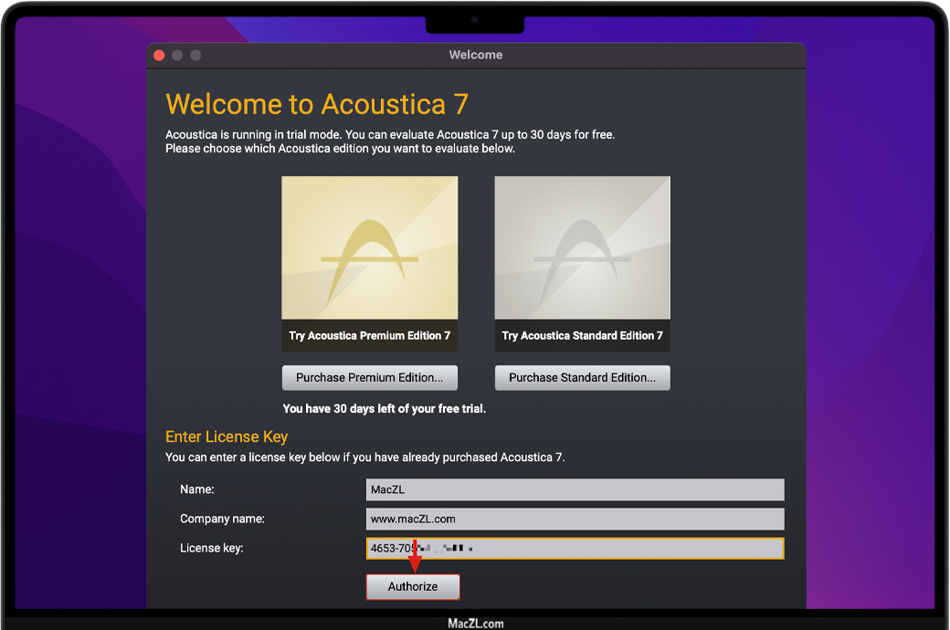 填写Acoustica激活信息——Mac助理（www.macZL.com）