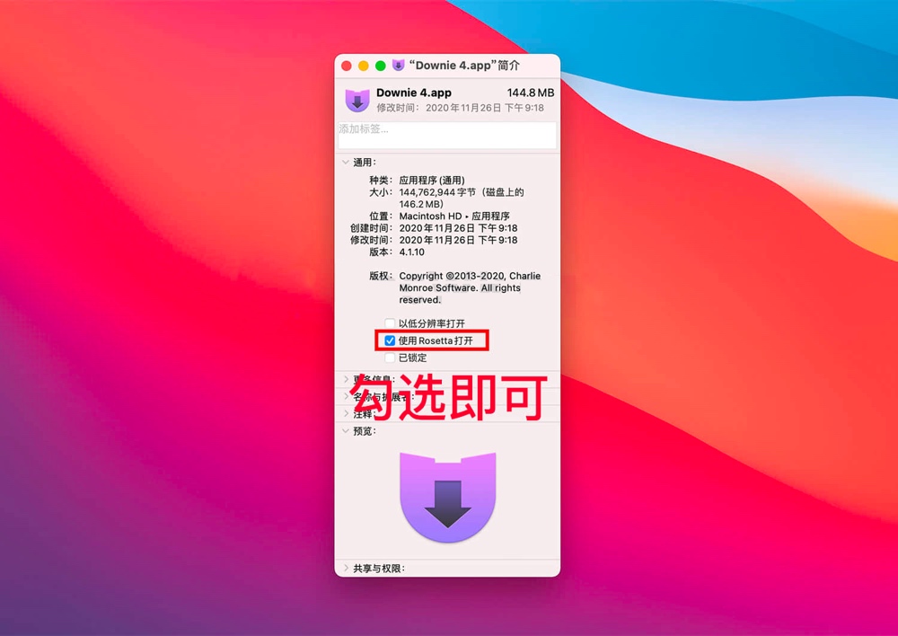 勾选使用 Rosetta 打开