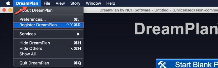 点击左上角导航栏上的“DreamPlan -> Register DreamPlan”。