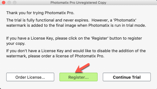打开软件Photomatix Pro提示注册，点击"Register"按钮。
