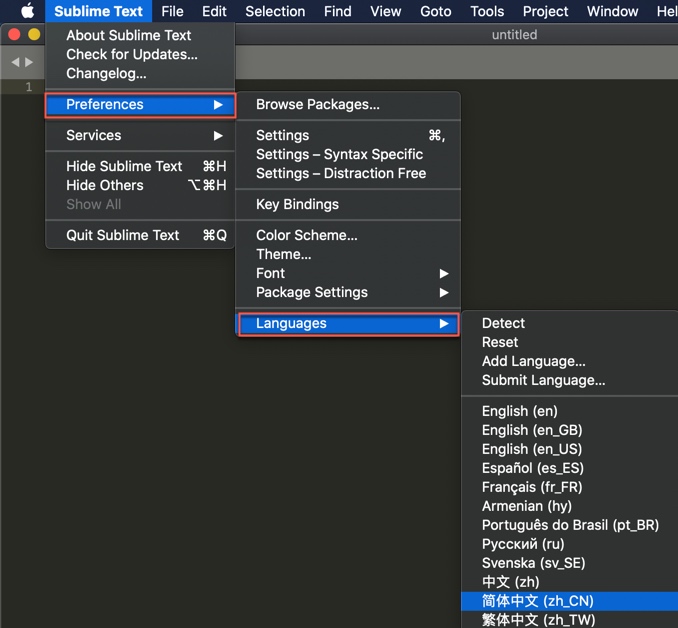 左上角菜单栏 Sublime Text ->  Preference -> Languages